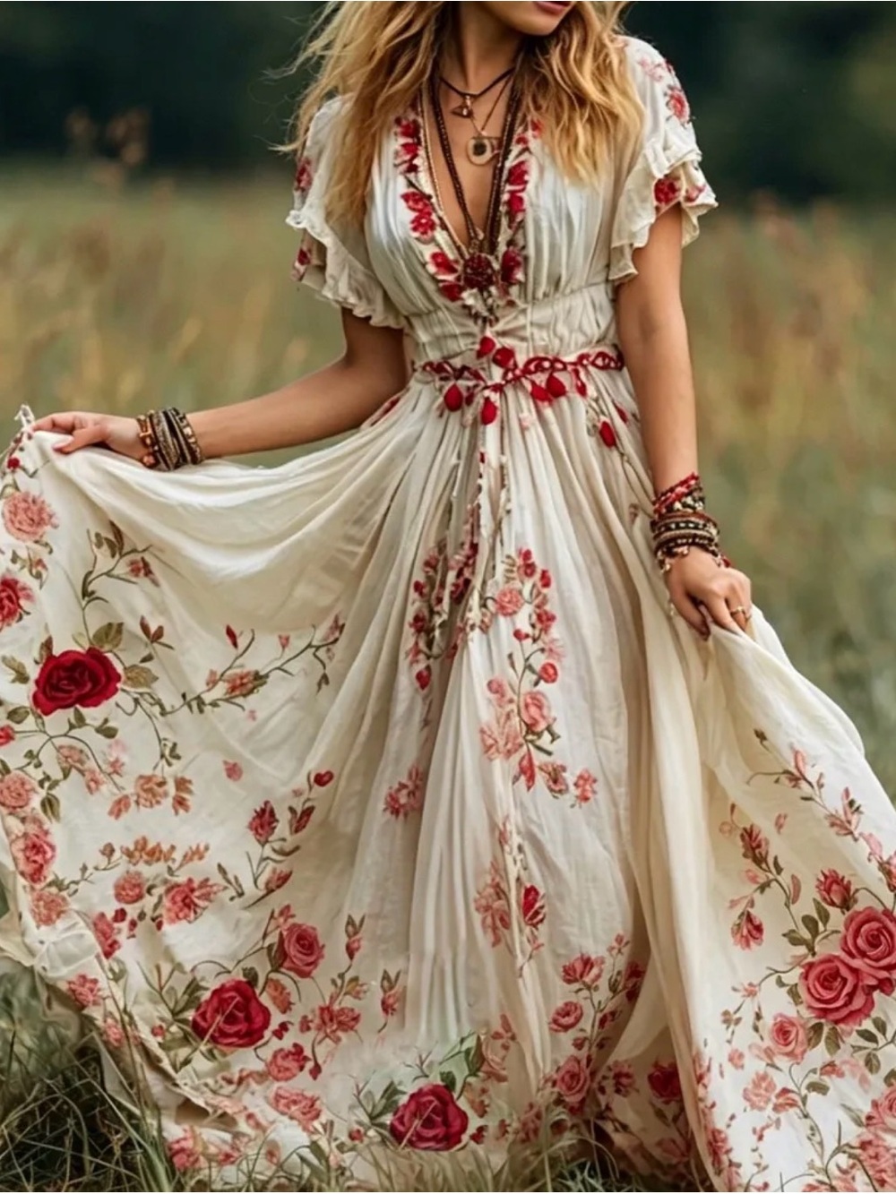 ❤️‍🔥BNWT❤️‍🔥 Retro Bohemian Floral Print Cotton/Linen Comfortable V-Neck Dress